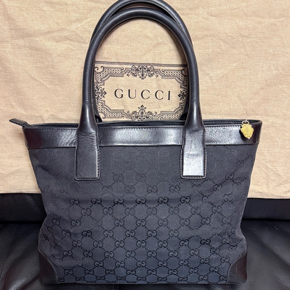 Gucci Handbags - Gucci Black GG Monogram Canvas Tote with Leather Trim and Dusty